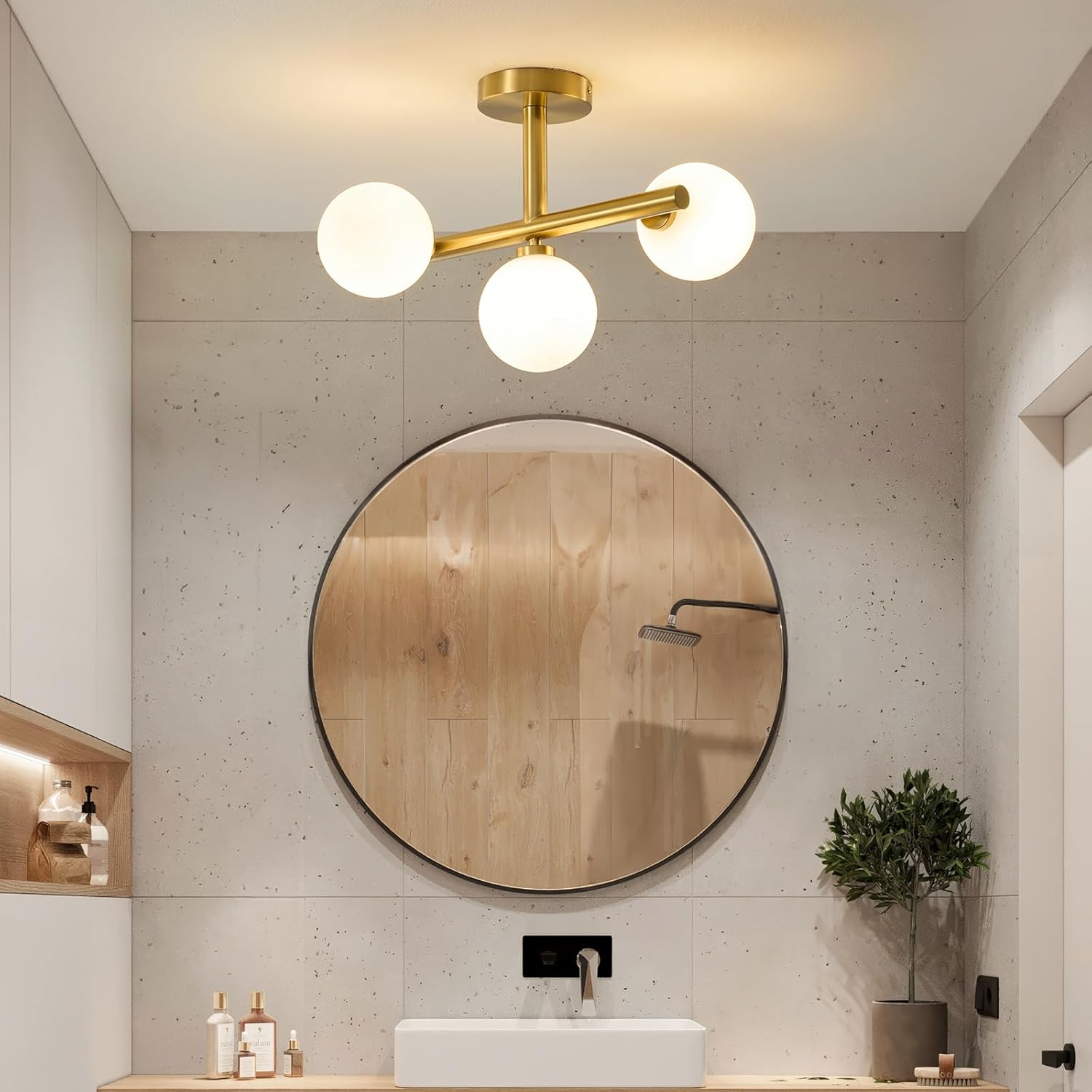 Globe Milk Glass Ceiling Light: Gold 3 Lights Sputnik Chandelier - Linear Mid Century Modern Semi Flush Mount Ceiling Light - 13 Inch Brass Lighting Fixture with Sphere Shade for Bedroom Living Room