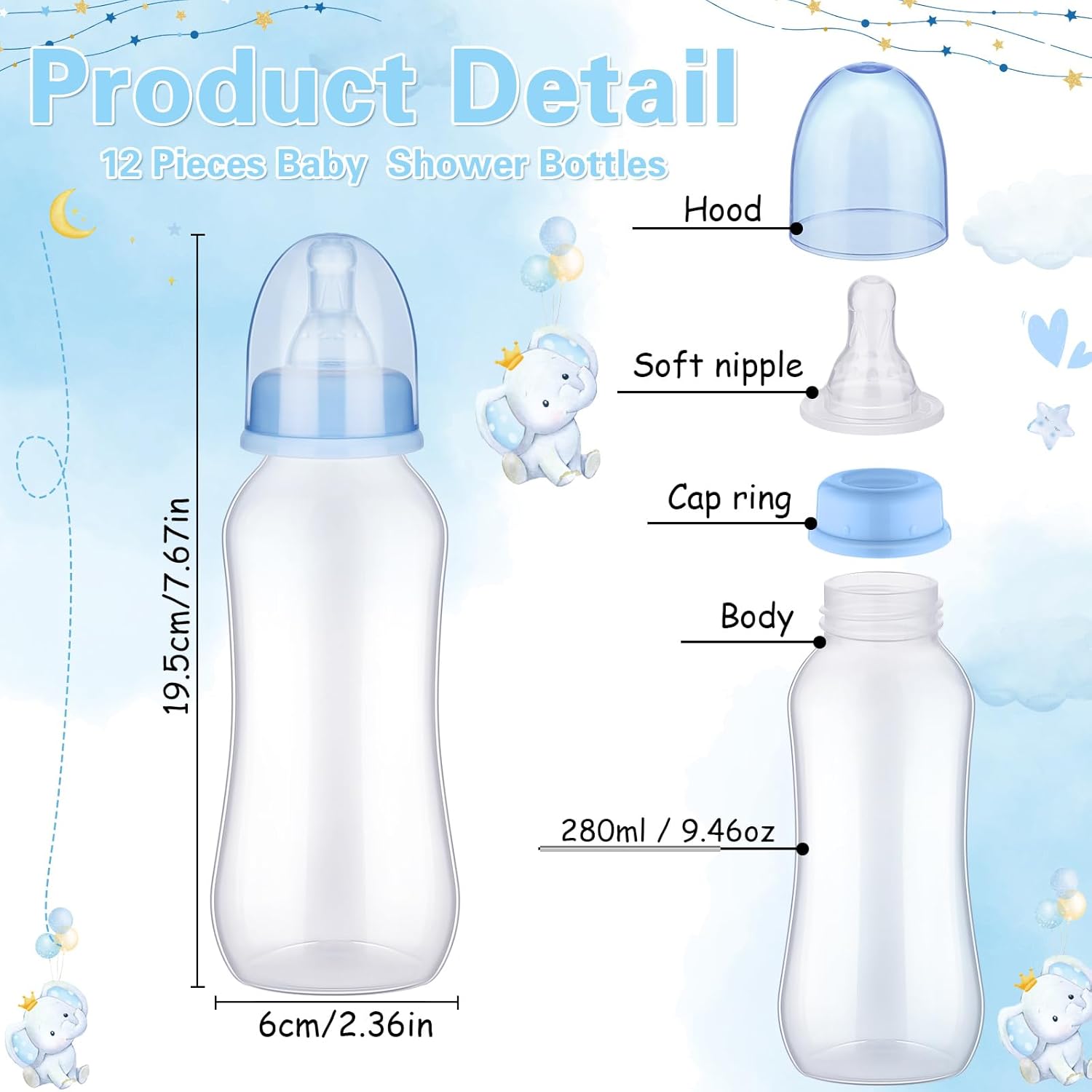 TrelaCo Cool Baby Shower Games Sets 12 Pcs Bottles with 1 Bottle Chug Sign for Gender Reveal Baby Shower Party Favors Decoration Games(Elephant,Blue)