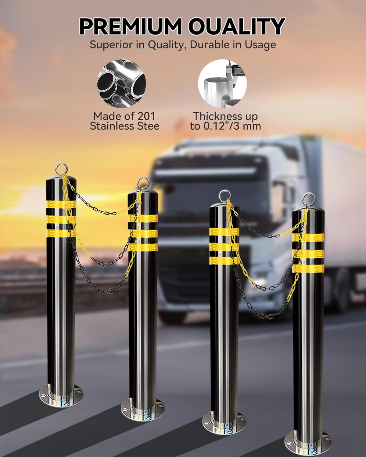 Safety Bollard 32" Stainless Steel with Reflective Strips & 16Ft Chain - Windproof Driveway Barrier, IP67 Waterproof Traffic Delineator Posts (2 Pack, 8 Anchors)