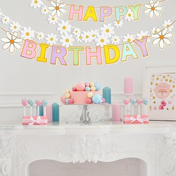 Daisy Flower Happy Birthday Banner, Boho Party Decorations | Spring Daisy Paper Garland for Birthday Celebration, Macaron Flower Themed Party Decor