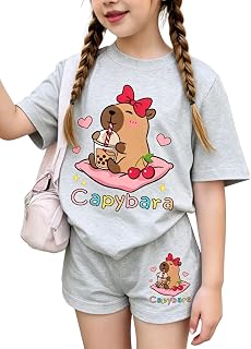 Girls Summer Clothes Cute Capybara Print & Cherry Bow Short Sleeve Shorts Set Tween Girl Outfits Size 6-12