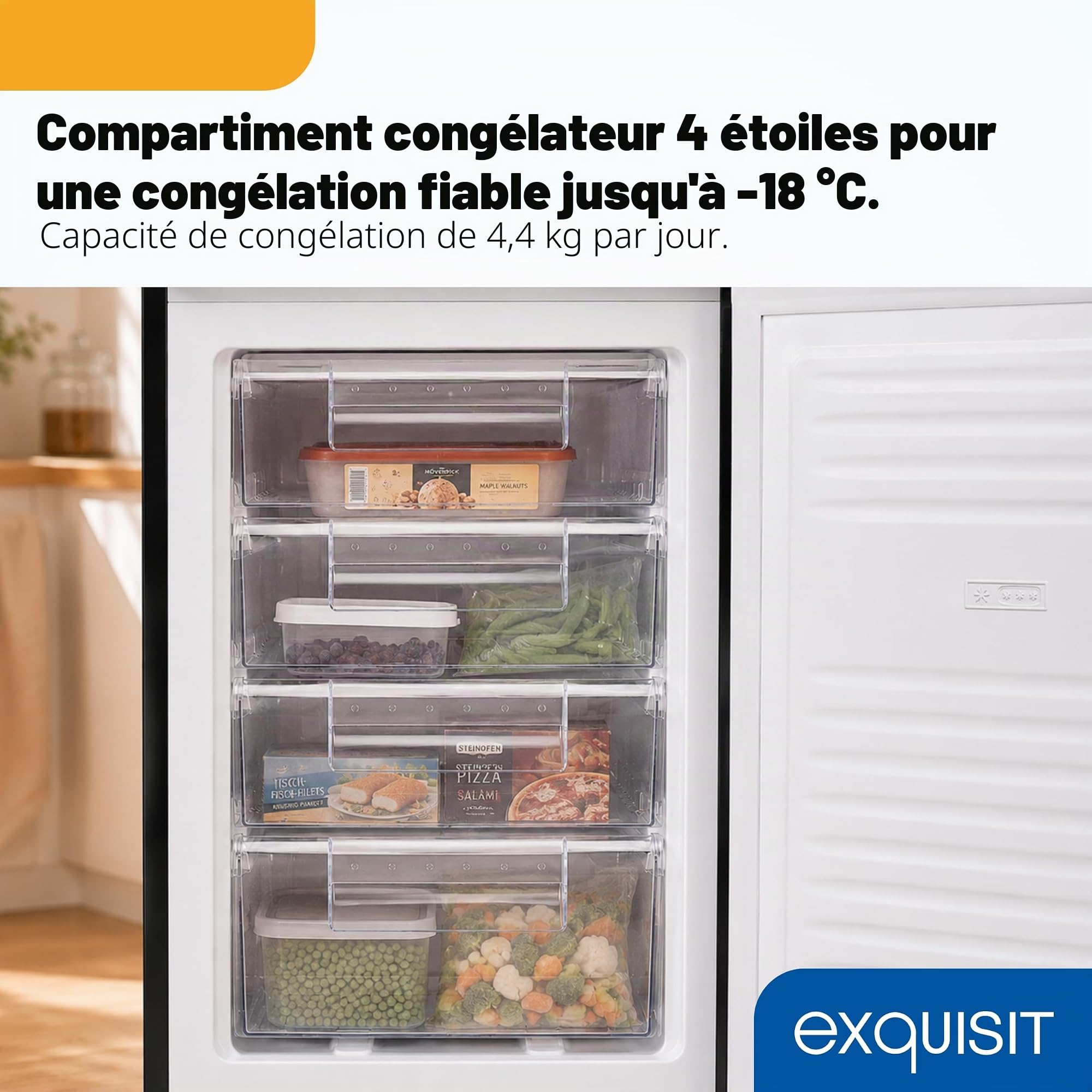 Exquisit Congélateur | Capacité utile de 91 l, classe énergétique E, bruit de 40 dB | Compartiment 4 étoiles, réglage manuel de la température, butée de porte interchangeable, 4 tiroirs | GS512-040E