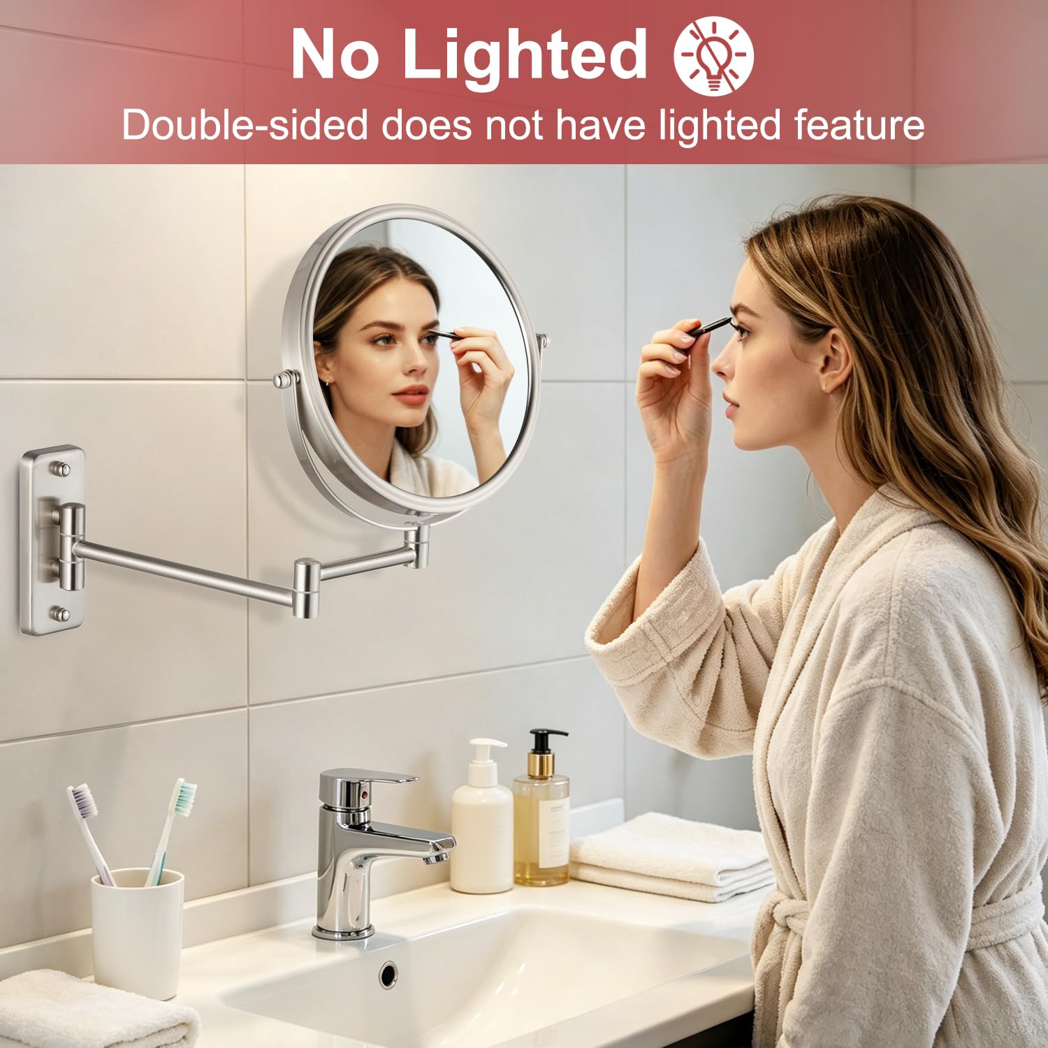 Espejo de maquillaje montado en la pared, espejo de doble cara de 1 y 5 aumentos, espejo de baño extensible de 20 cm para afeitarse, níquel