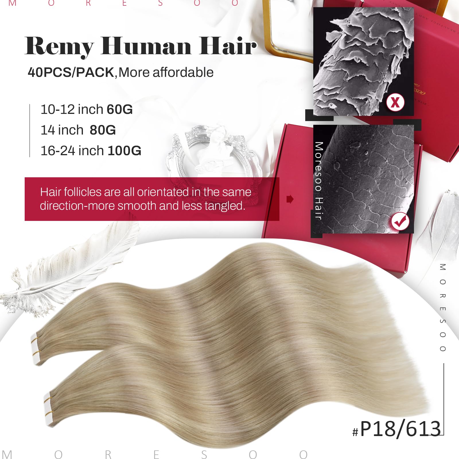 Moresoo Tape in Hair Extensions Human Hair 100g Tape Hair Extensions Ash Blonde with Bleached Blonde Thick Human Hair Extensions Tape-ins Invisible Double Side 24 Inch 40 Pieces #P18/613 - Image 2