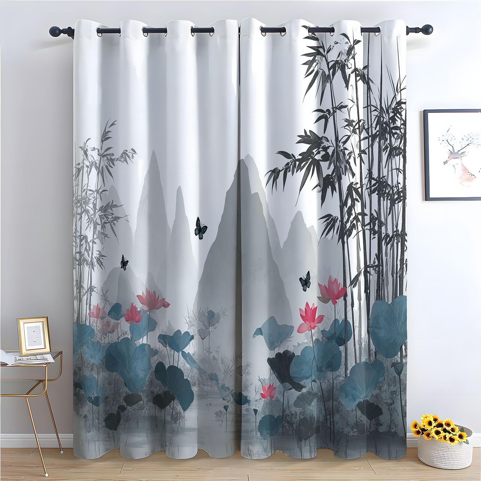 WQBQKKX Green Plant Curtains Ink Painting Black out Curtains Watercolor Botanical Flower Print Pattern Window Drapes for Bedroom-52 W x 96" L (Pack of 2)