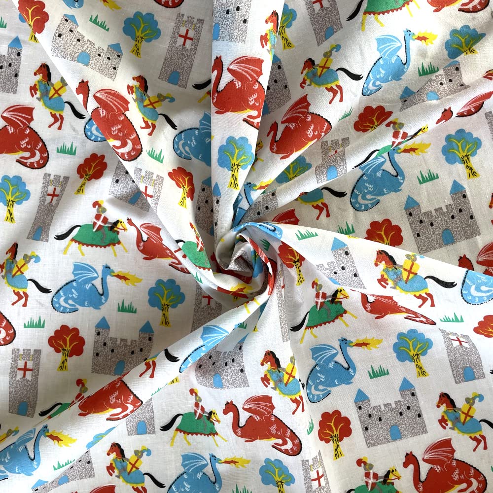 Oh Sew Crafty Limited White Polycotton Fabric Knights Dragon Castles Fairytale Fantasy (Per Metre) (White)