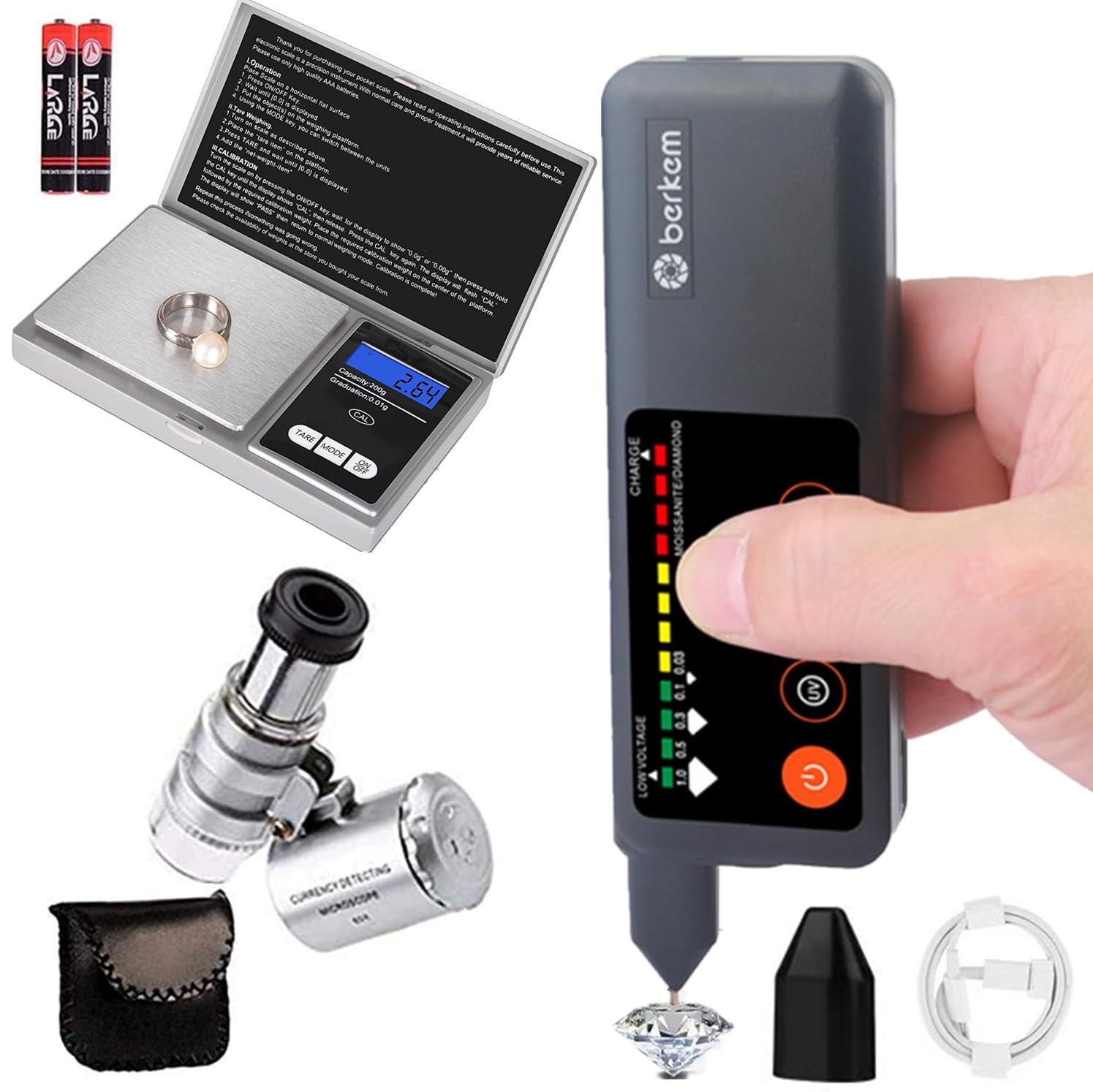 Rechargeable Professional Diamond Tester Pen with UV Light,Rechargeable Diamond Tester Pen＋200g/0.01g Mini Jewelry Scale＋60X Mini LED Magnifying,Professional Diamond for Novice and Expert