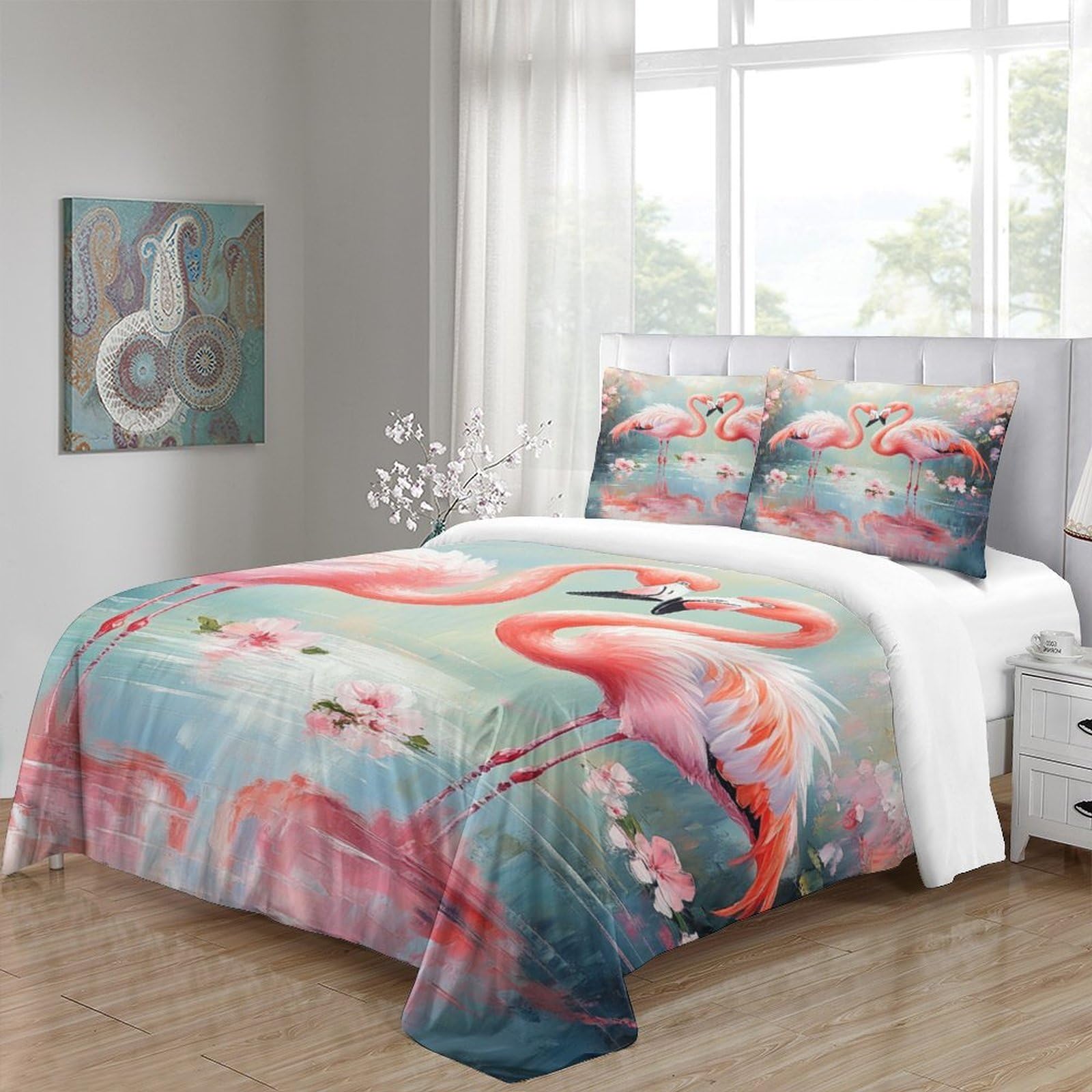 Flamingo-Pärchen 3D-Bedruckt 3er-Set Bettbezug Romantischer Aquarellstil Bettdeckenbezug Mikrofaser Hypoallergen Reißverschluss für Kleinkinder Jugendliche Frauen Super King（260x220cm）