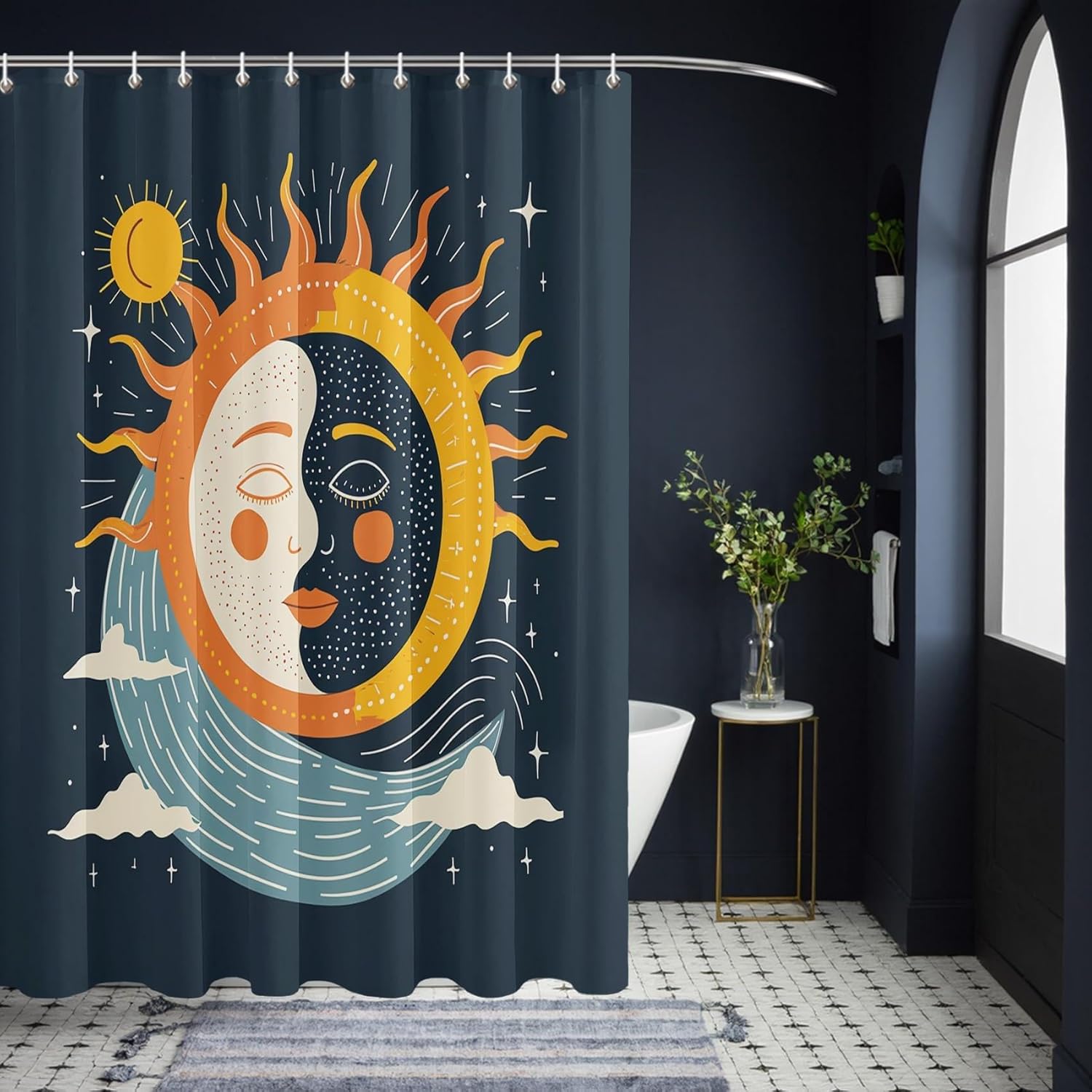 Sun and Moon Shower Curtain 65x84in（165x214cm） Blue Cartoon Kids Shower Curtain, Boho Celestial Sun Moon and Stars Bathroom Decor Curtains, Quick-Drying Waterproof Fabric with Grommet Hooks