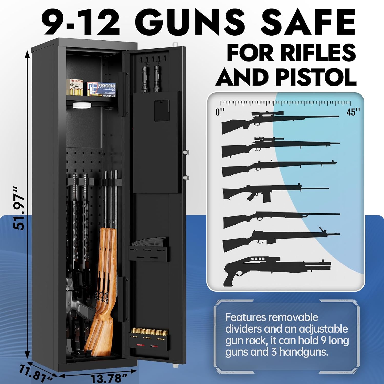 KAER 3-5 Gun Safe, Rifle Pistol Safe with Alarm & Anti-Theft Plate, Removable Shelf & LED Light for Home & Garage, Easy Assembly, Black, 51.97"H 13.78"W 11.81"D