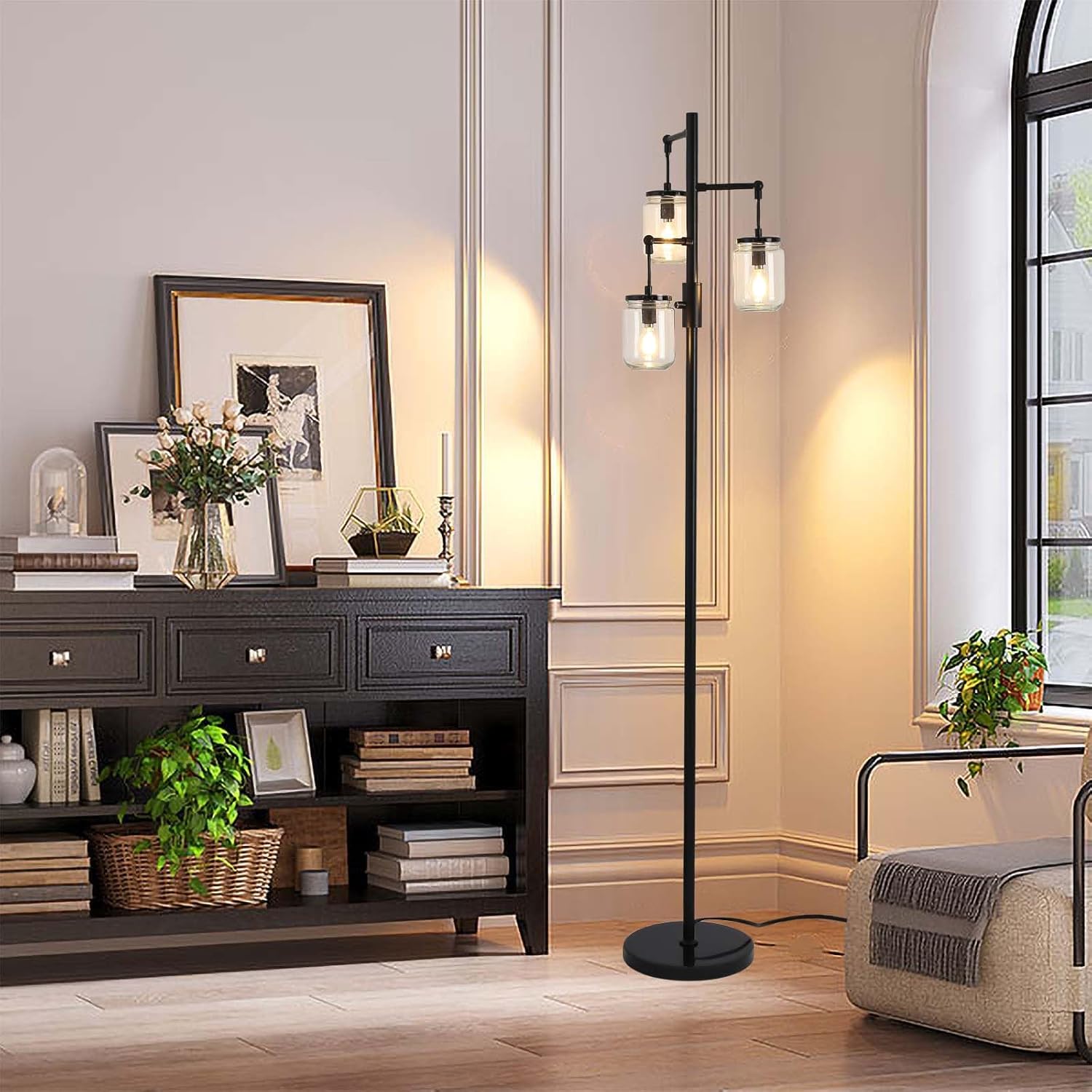 Dimmable Floor Lamp,Industrial Floor Lamp,Black Tree Lamp Standing Lamp Tall Lamps with 3 Elegant Glass Lampshades & 800 Lumens LED Bulbs for Living Room Bedroom Office (Black-A-Style)