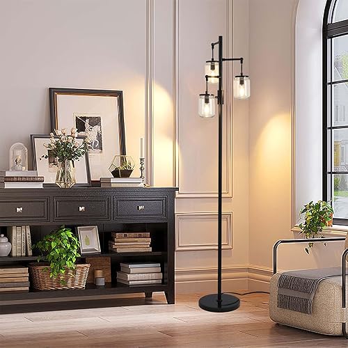 Miniatura 3 de ShuideHua Lámpara de pie regulable, lámpara de pie industrial, lámpara de árbol negro, lámpara alta con 3 elegantes pantallas de vidrio y bombillas