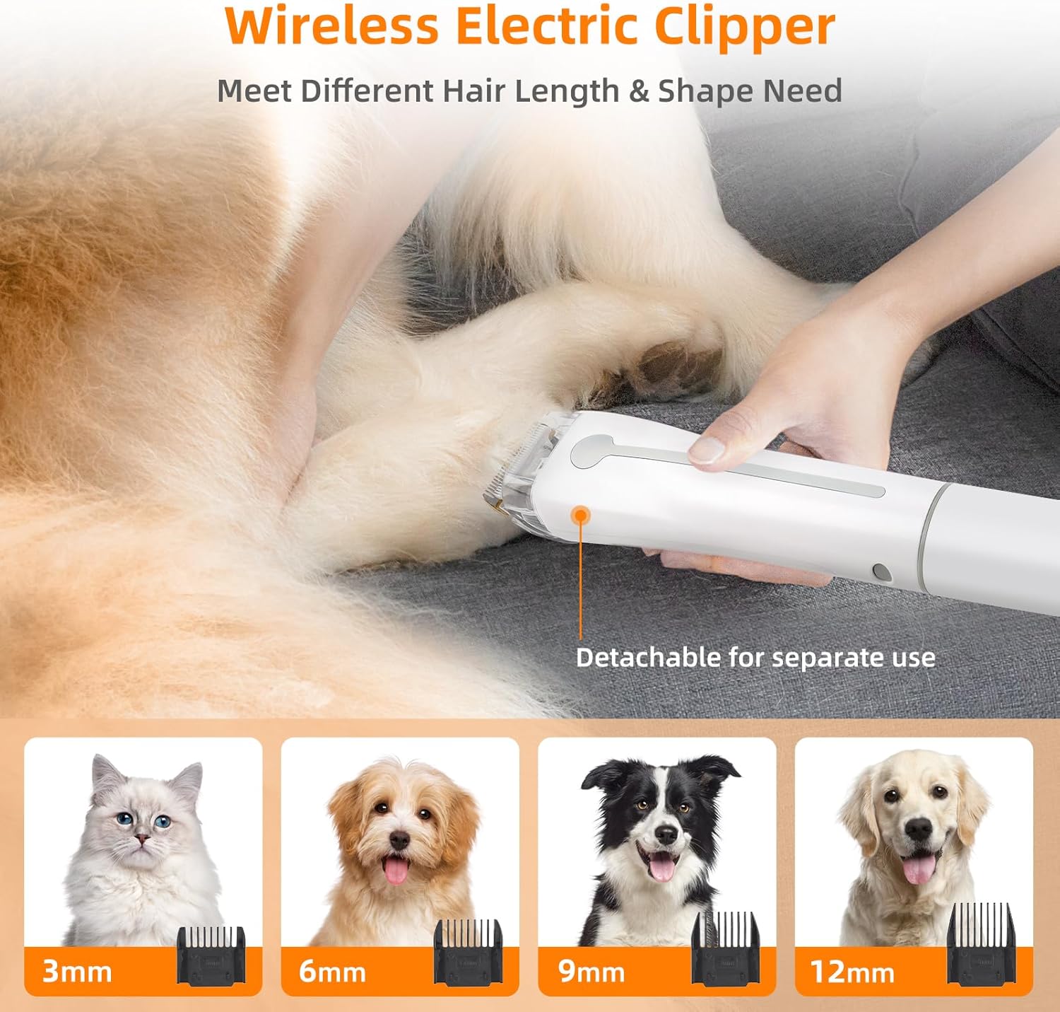 Wireless electric pet clipper with guard combs