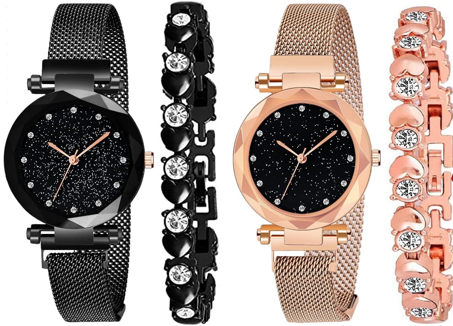 Acnos® Premium Magnet Strap Analogue Women’s Watch – Sweet Heart 5 Colors Bracelet Combo Pack of 2 Watches and 2 Bracelets for Girls & Women