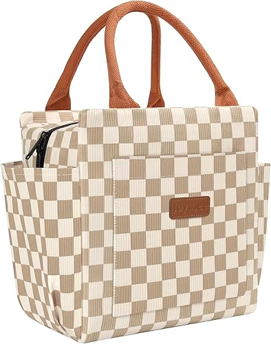 Joymee - Bolsa de almuerzo para mujer, caja de almuerzo aislada de corduroy a cuadros, bolsa de almuerzo reutilizable a prueba de fugas de gran