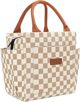 Joymee Lunch Bag for Women Insulated Corduroy Large Capacity- Checker Brown