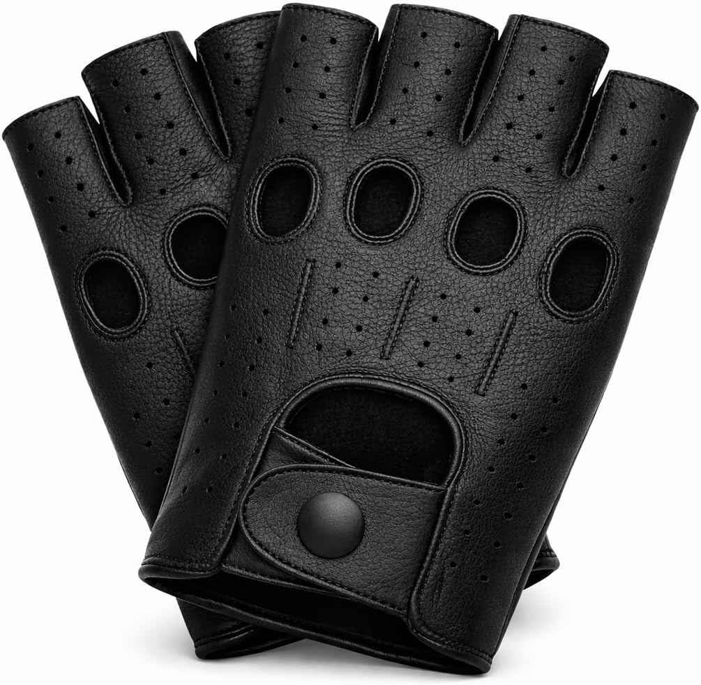 Riparo Leather Fingerless Driving Gloves for Men – Perforated Half Finger Leather Gloves for Driving, Motorcycle Riding & Cycling – Classic Snap Closure, Breathable Grip Control