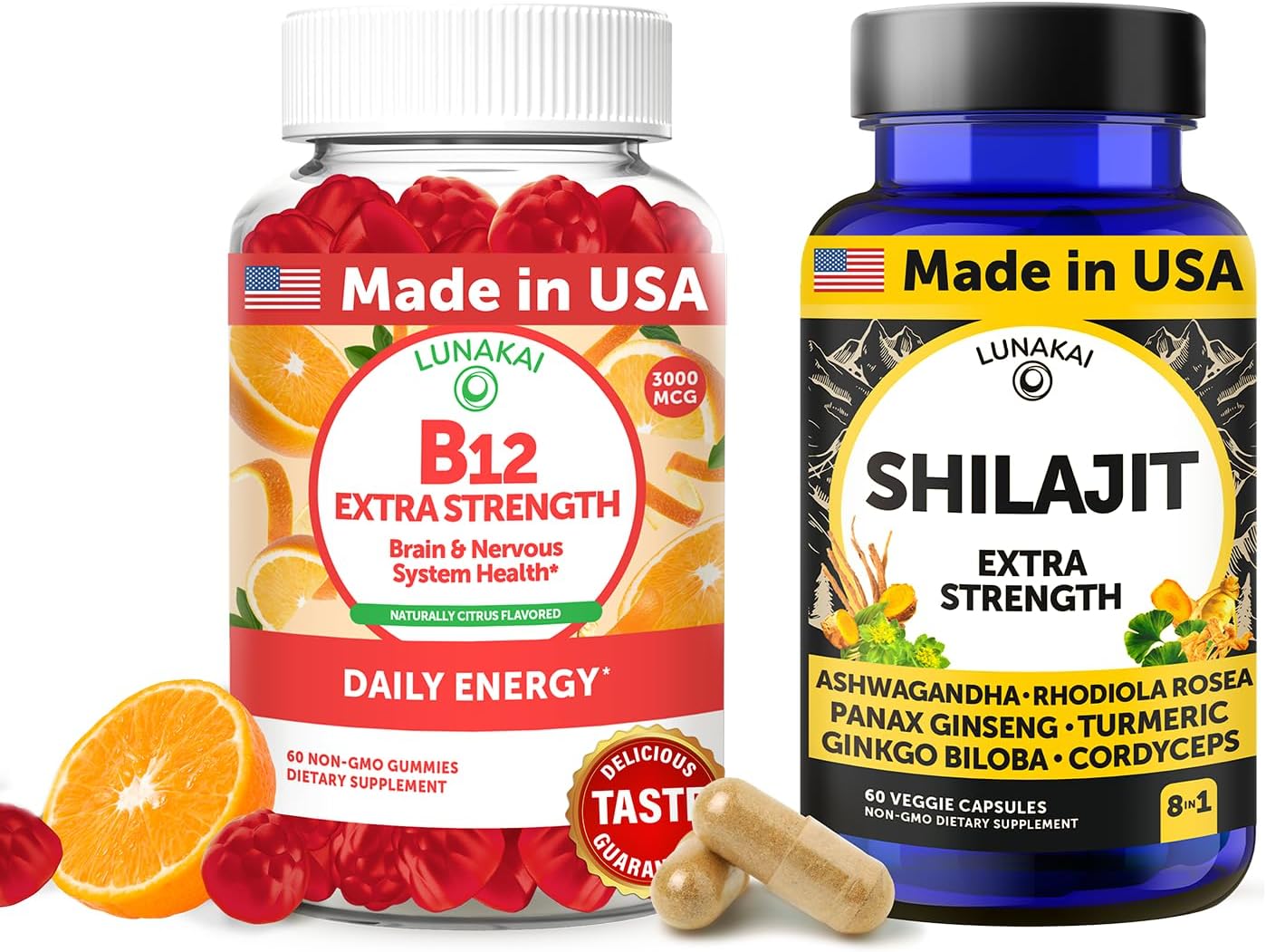 Lunakai USA Made B12 Gummies & Shilajit Capsules Bundle – Extra Strength Daily Energy & Wellness Support