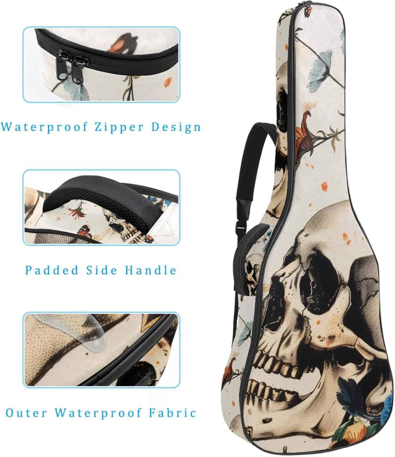 Acoustic Guitar Gig Bag 1 cm Thick Padding, Waterproof Electric Guitar Bag 40-42 Inch Guitar Case Backpack with Dual Shoulder Strap, Vintage Skull Flower Plant Butterflies