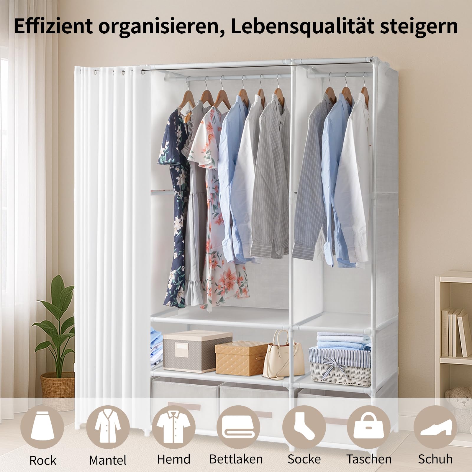 Alightup Armoire de Rangement avec Rideau, Penderie, Dressing, Armoire Métallique, avec Barres de Suspension, Porte-vêtements, pour Vestiaire, Chambre, 144 x 45 x 166 cm (Blanc, 144 x 45 x 166 cm)