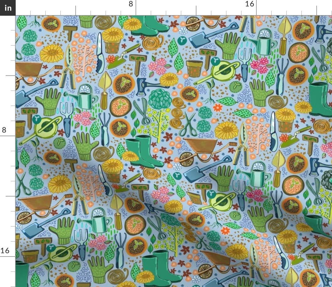 Spoonflower Fabric - Gardening Tools Green On Blue Printed on Petal Signature Cotton Fabric by The Yard - Sewing Quilting Apparel Crafts Decor