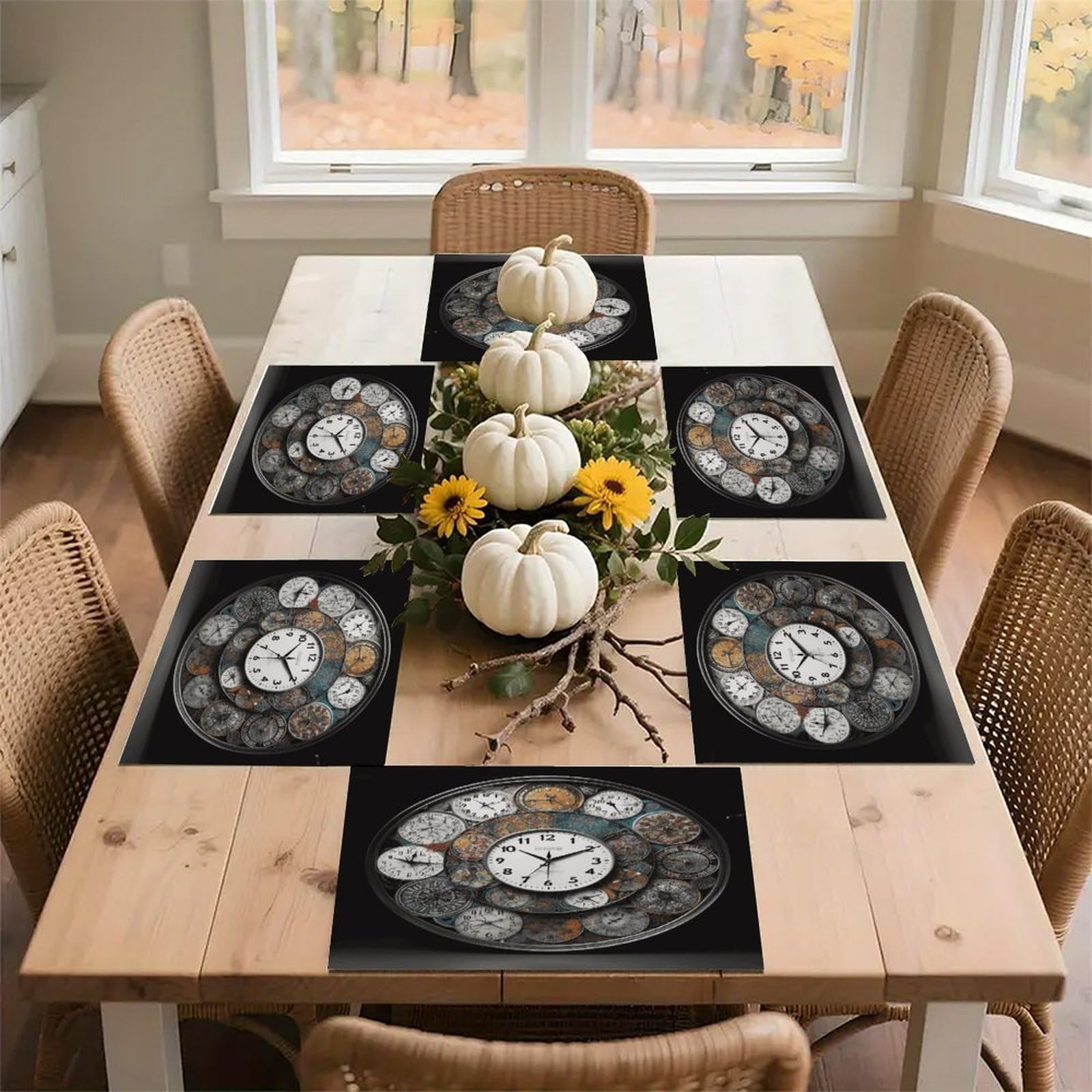 Clock Art Placemats Non-Slip Heat Resistant Table Mats Flax Washable Cloth Place Mats Easy to Clean Premium Placemat for Kitchen Dining Table Decor Party Outdoor
