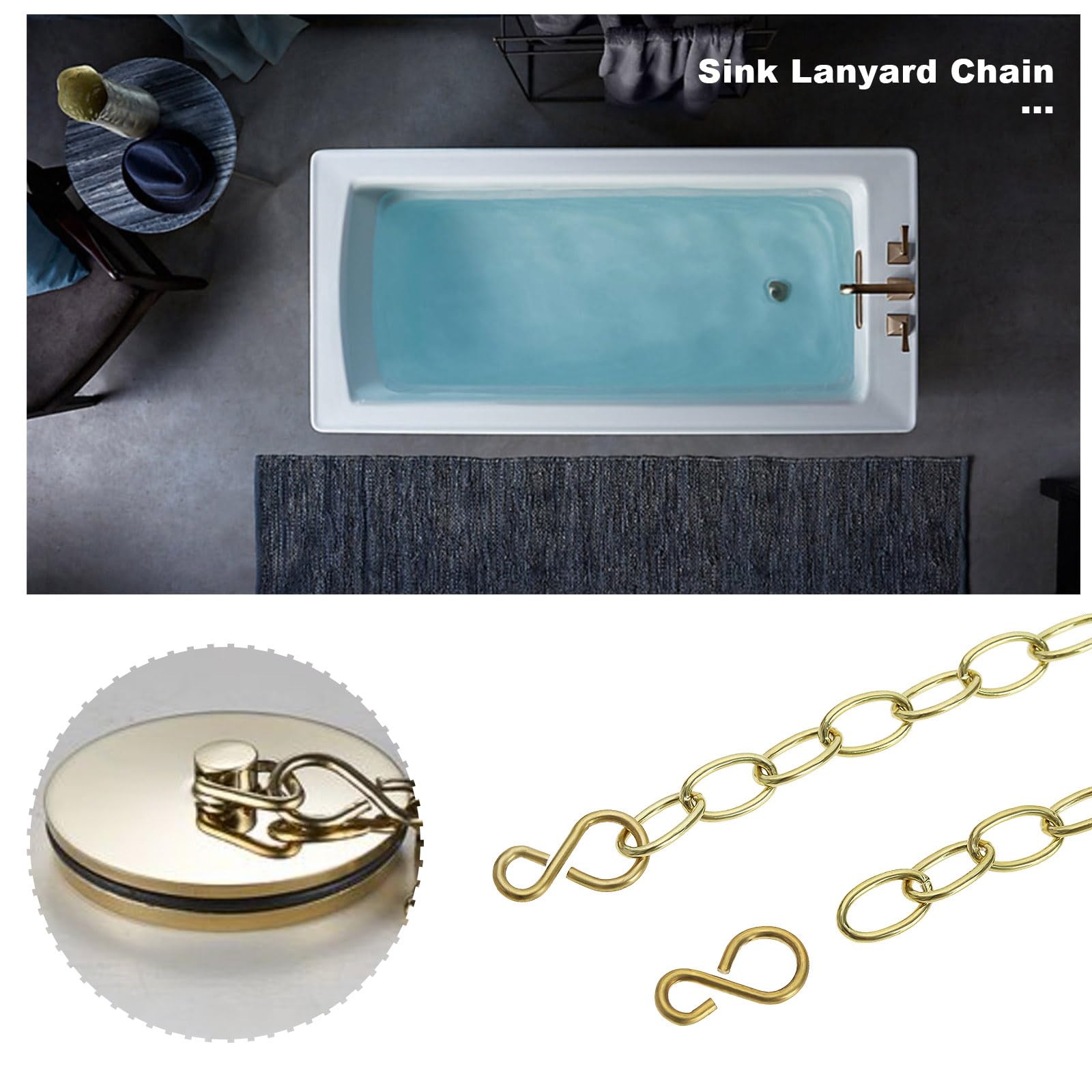LT Easiyl 2PCS Basin Chain with S-Shaped Hook Brass Bathtub Sink Stopper Chain 30cm 11.8" Long Plug Chain for Bathtub Kitchen Sink Washbasin - Image 2