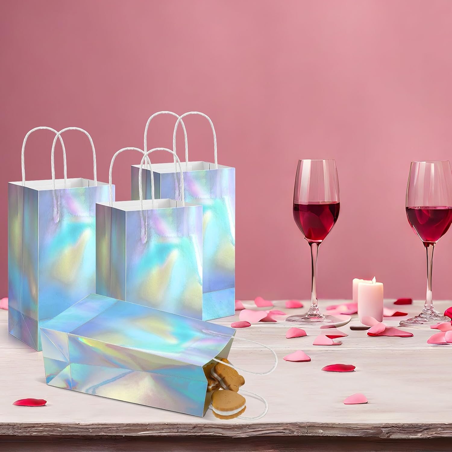 30 Pcs Iridescent Gift Bags Bulk Holographic Party Favor Bag with Handle 8.3 x 5 x 3.2 in Glossy Paper Candy Goodie Flower Handbag for Kpop Disco Wedding Bridal Birthday Graduation Party Supplies - Image 5