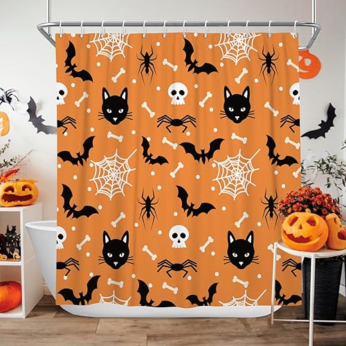 Miniatura 2 de DASHAN Bonita cortina de ducha de Halloween, arañas de terror, murciélagos, calaveras, cortinas de ducha para baño, cortina de baño espeluznante de