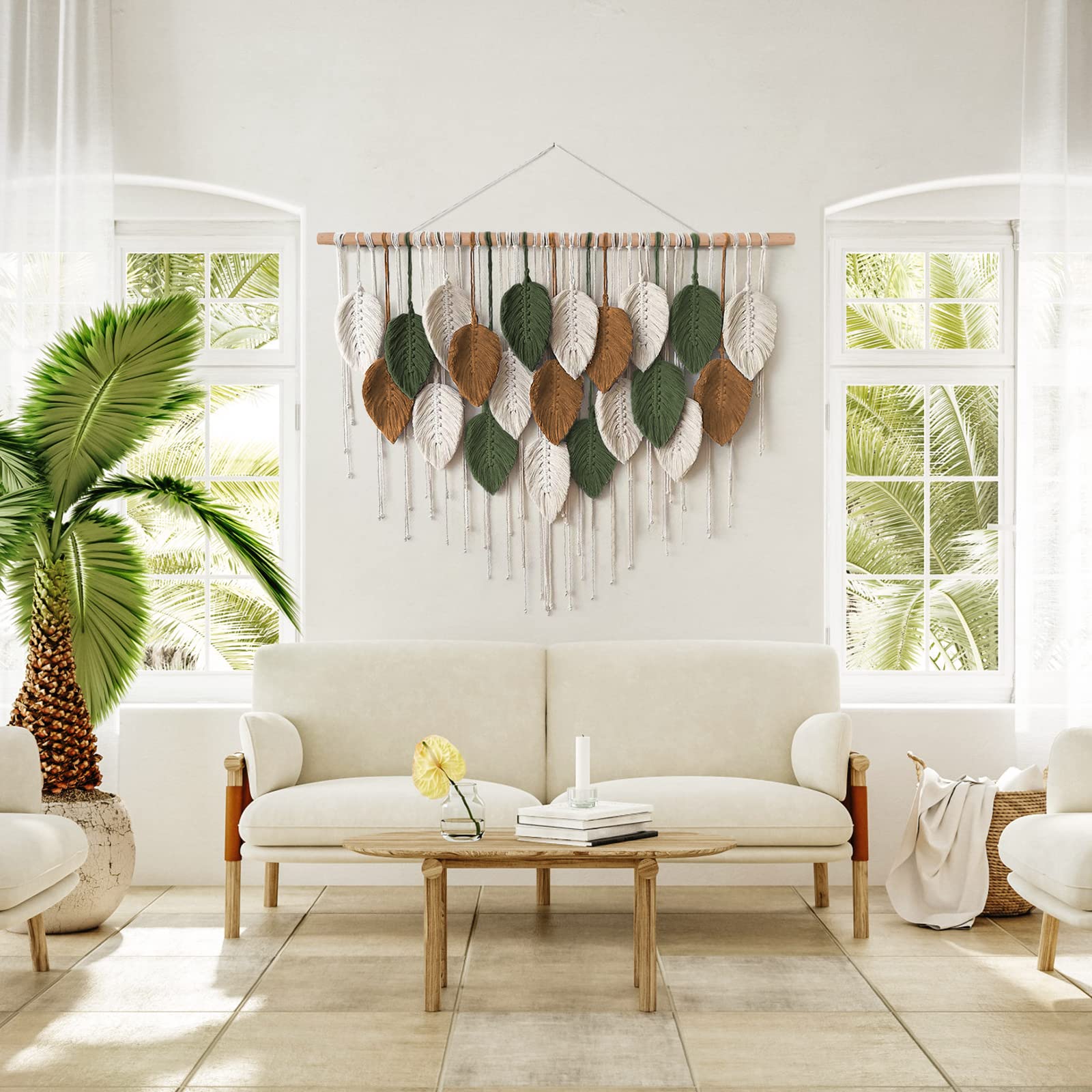 KHOYIME Arazzo Da Parete In Macramè Bohémien – 60x75 Cm – Foglie E Piume In Corda Di Cotone Con Bastone In Legno – Decorazione Chic Per Soggiorno, Camera Da Letto