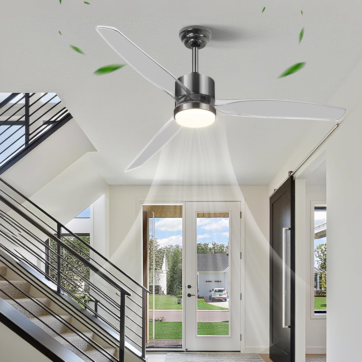 OKELI Clear Ceiling Fan with Light, 52 Inch Black Transparent Ceiling Fans with Light and Remote 3 Reversible Blade LED Ceiling Fan and Light Combo for Living Room, Bedroom, Patio