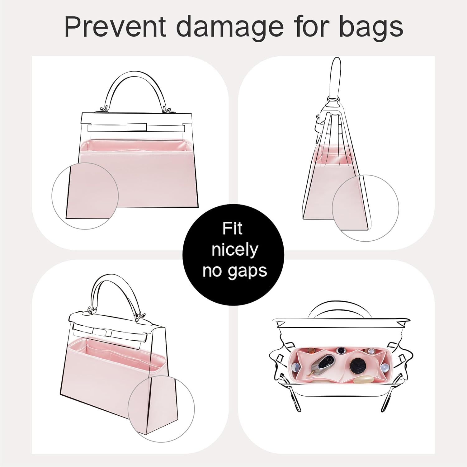 Fits for Kelly Pochette Bag Insert,Premium Silk Purse Organizer Insert, Smooth Touch & Lightweight，Luxury Handbag Organizer with Gift Box Fits For Hermes(Kelly Pochette,Pink)