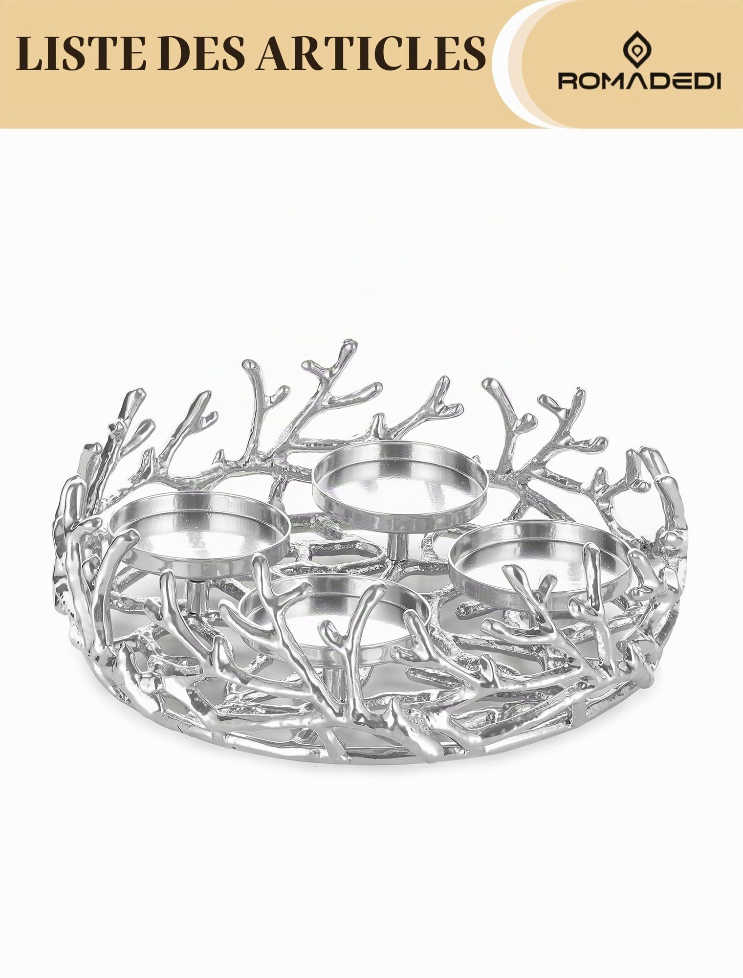 Romadedi Couronne de l'Avent Vintage en forme de bois de cerf Argent: Arrangement de couronne de l'Avent rond petit en aluminium Ø 28 cm pour 4 bougies de 8 cm de diamètre - Support de couronne de