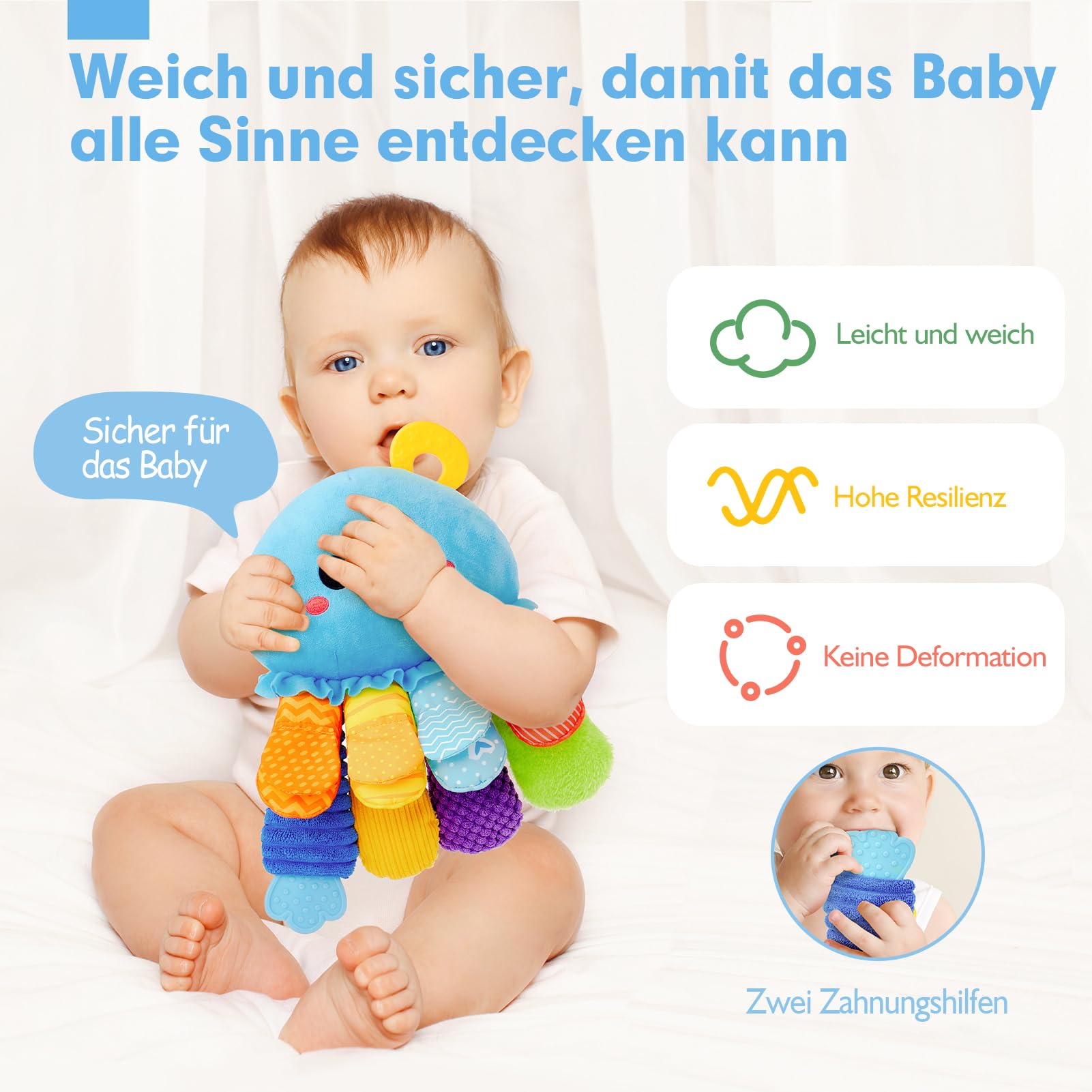 hahaland 2 in 1 Oktopus Baby Sensorik Spielzeug mit Rassel, Spiegel und Beißring, Montessori Greifling ab 0 3 6 Monaten, Neugeborene Geschenk, Bauchlage Spielzeug Tummy Time Toys, Jungen Mädchen