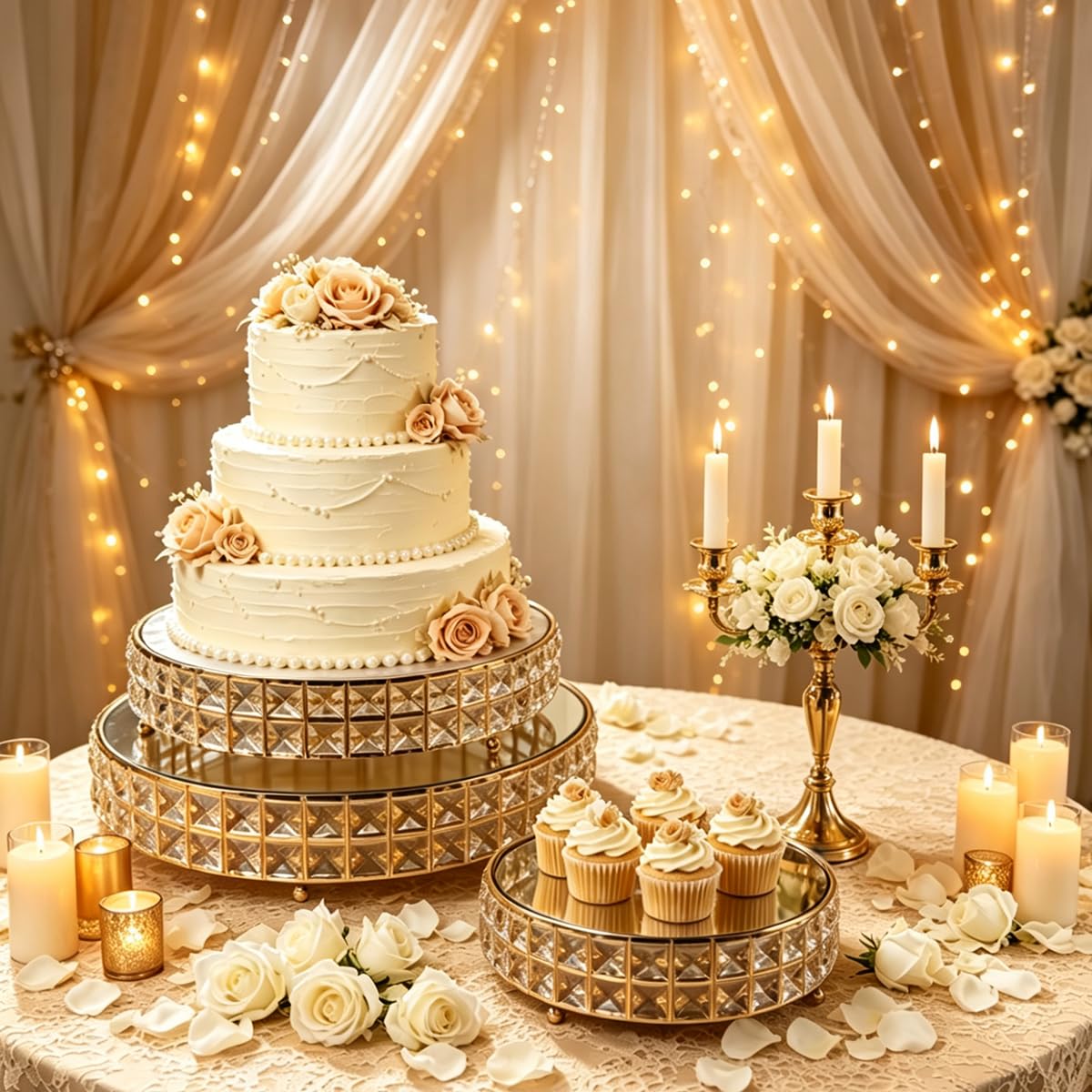 Ensemble de présentoirs à gâteaux en métal avec présentoir à cupcakes en cristal Doré