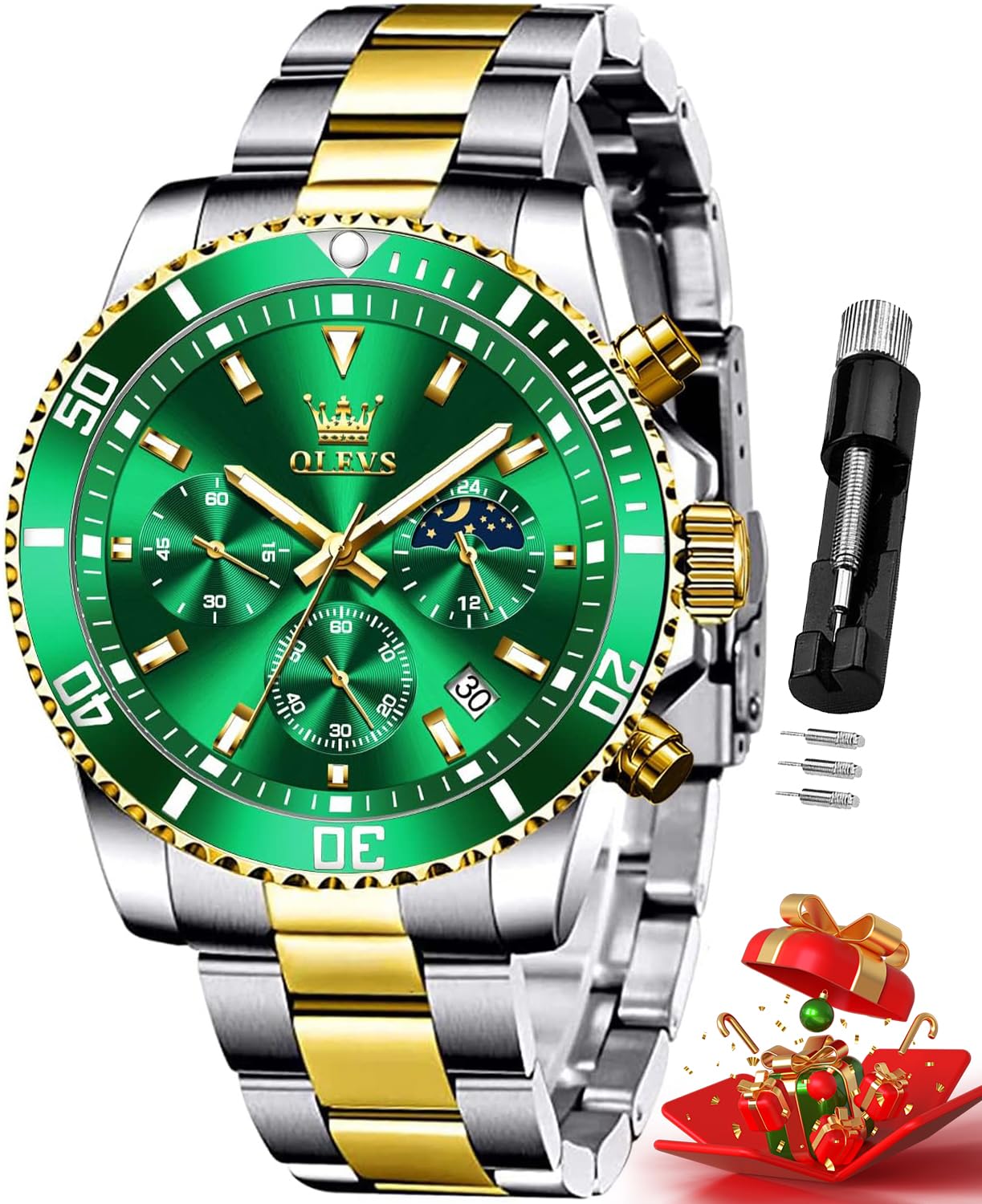 OLEVS Watches for Men Classic with Date Business Dress Luxury Big Face Green/Black/Blue Waterproof Luminous Mens Wristwatch Analog Two Tone Stainless Steel Male Watch