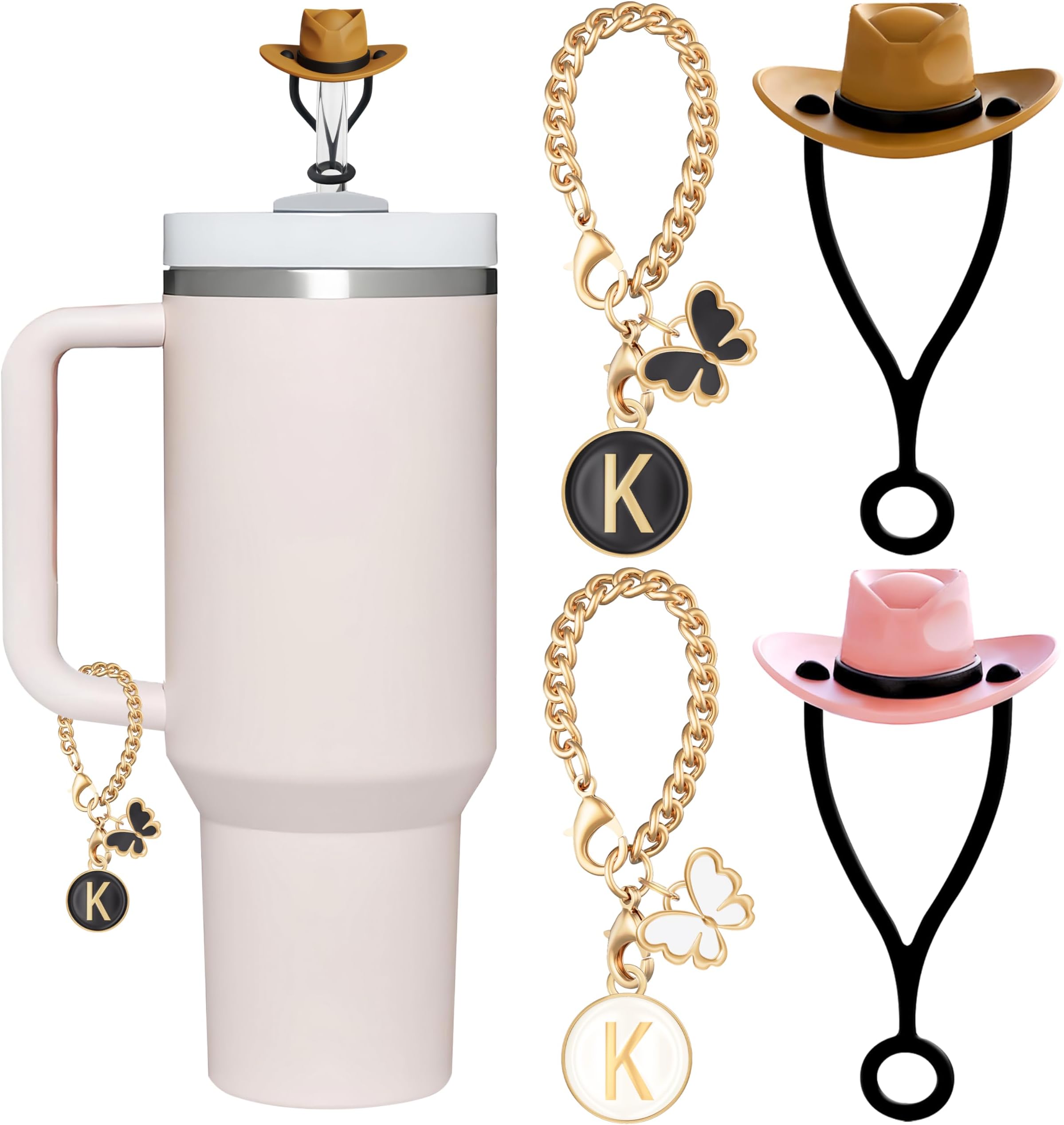 ANLABESY Compatible with Stanley Cup Accessories, 2PCS Silicone Straw Toppers for Stanley Cup Straw Cover Cap, 2PCS Cute Letter Charms for Stanley 30&40 Oz Tumbler with Handle (K)