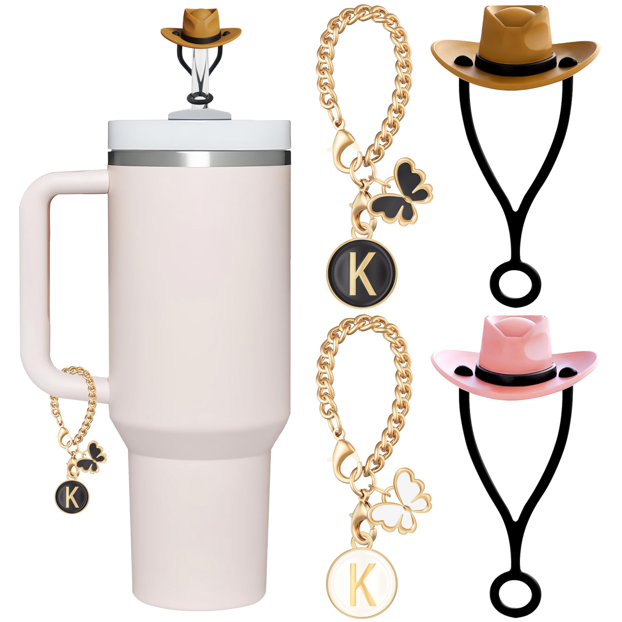 ANLABESY Compatible with Stanley Cup Accessories, 2PCS Silicone Straw Toppers for Stanley Cup Straw Cover Cap, 2PCS Cute Letter Charms for Stanley 30&40 Oz Tumbler with Handle (K)