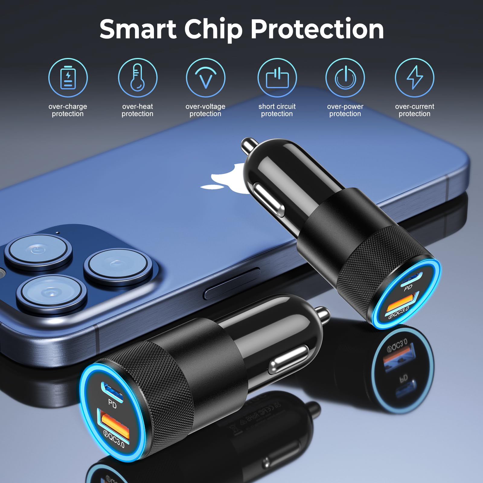 Paquete de 6 cargadores de coche USB C, 38 W dual USB-C + USB-A, adaptador de cargador de coche de carga rápida PD/QC 3.0, adaptador de encendedor de cigarrillos, enchufe USB para iPhone 17/16/15/14