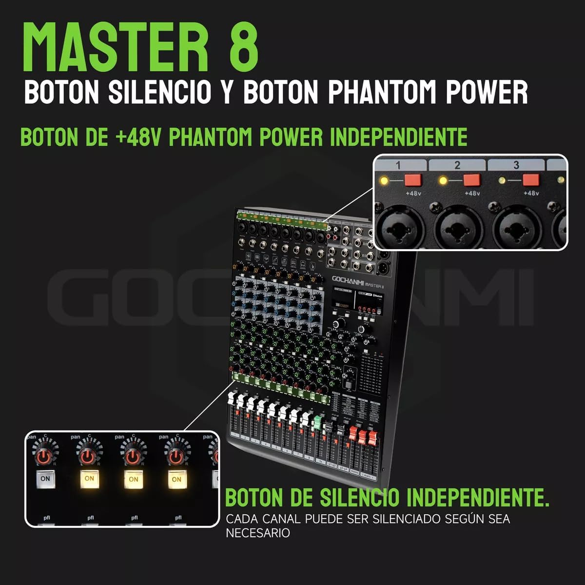 Gochanmi Master8 mixer showing independent +48V phantom power buttons and mute buttons for each channel.