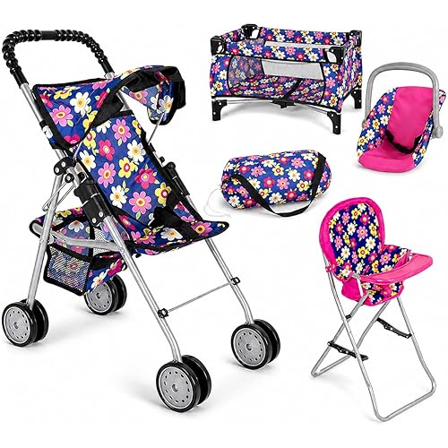 fash n kolor 4 Piece Baby Doll Play Set Flower Design Includes - Foldable Pack N Play, Baby Doll Stroller, Baby Doll High Chair, Infant Seat, Fits Up to 18'' Doll 4 Piece Doll Accessories Set