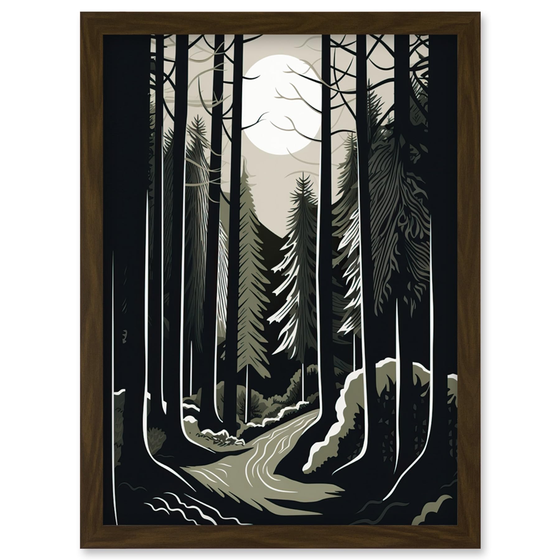 Artery8 Full Moon Night at Pine Forest Landscape Linocut Artwork Framed Wall Art Print A4