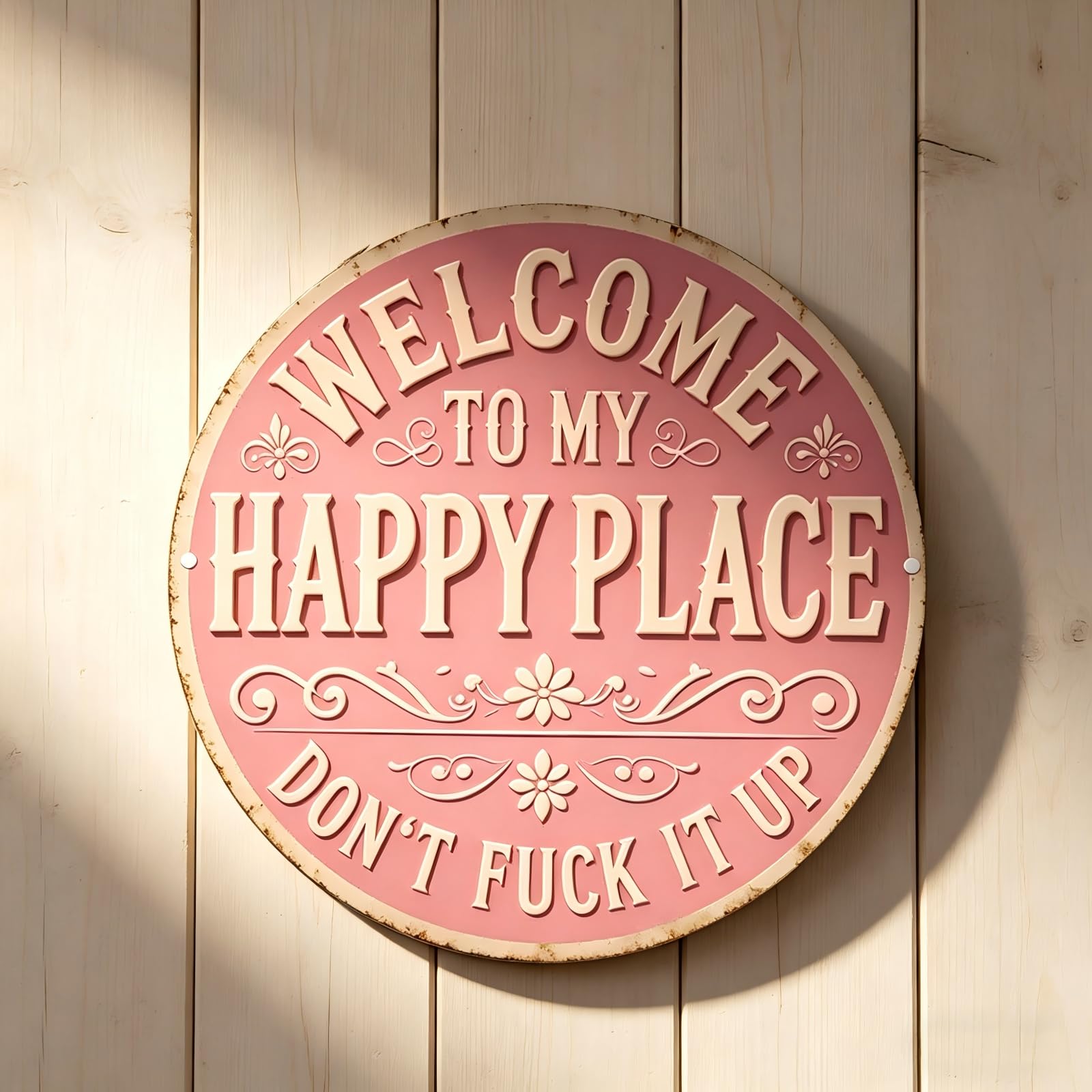 Vintage Welcome Sign - Round Metal Wall Decor for Home, Bar & Cafe - Rustic Pink Plaque with Humorous Slogan - Cottagecore Inspired Home Accessories