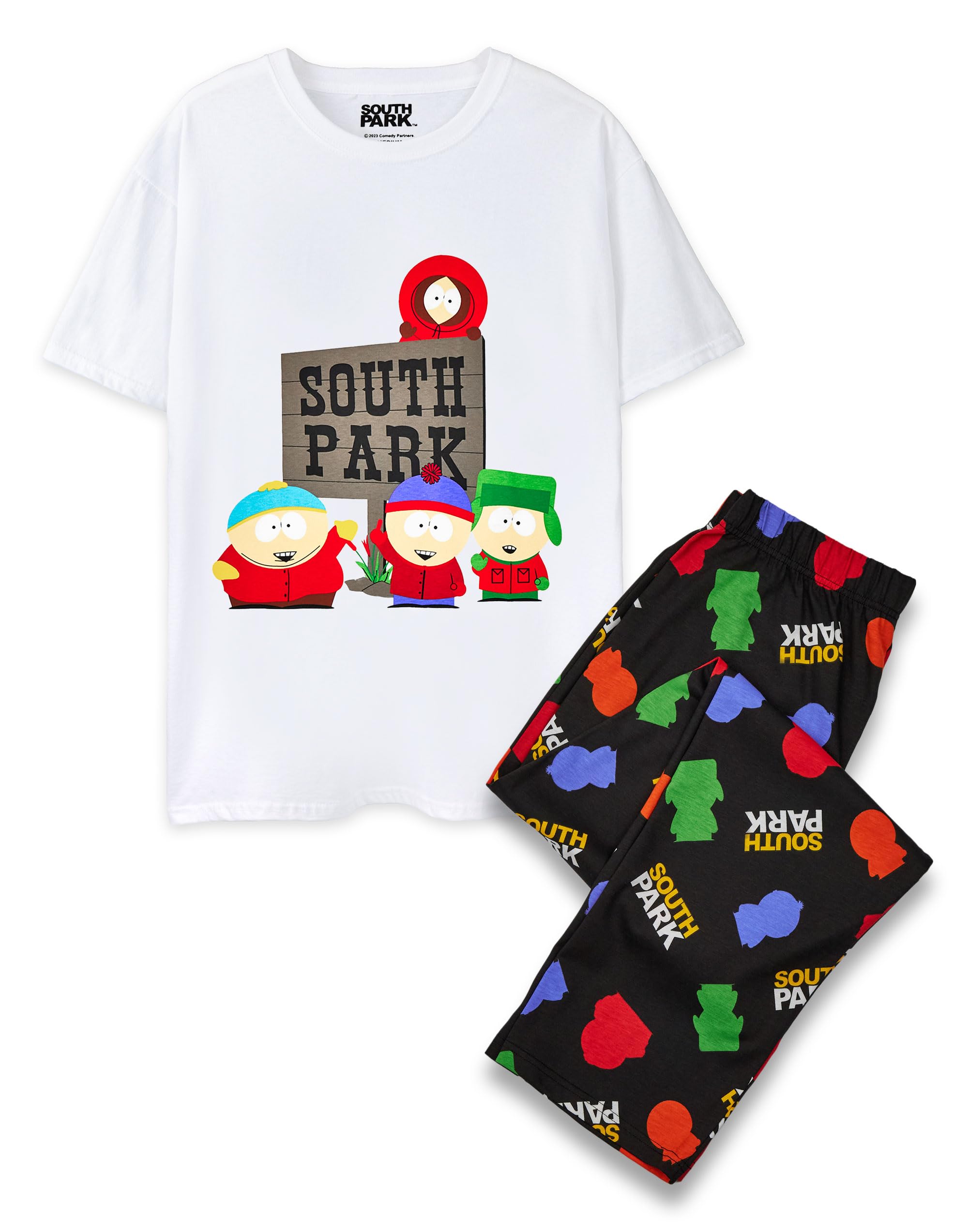 South Park Mens Pyjama Set | Adults Classic Character Comedy White Short Sleeve Graphic Tee & Black All Over Print Long Leg Bottoms PJs | Cartman Kenny Stan Kyle Funny Cartoon Merchandise Gift for Him