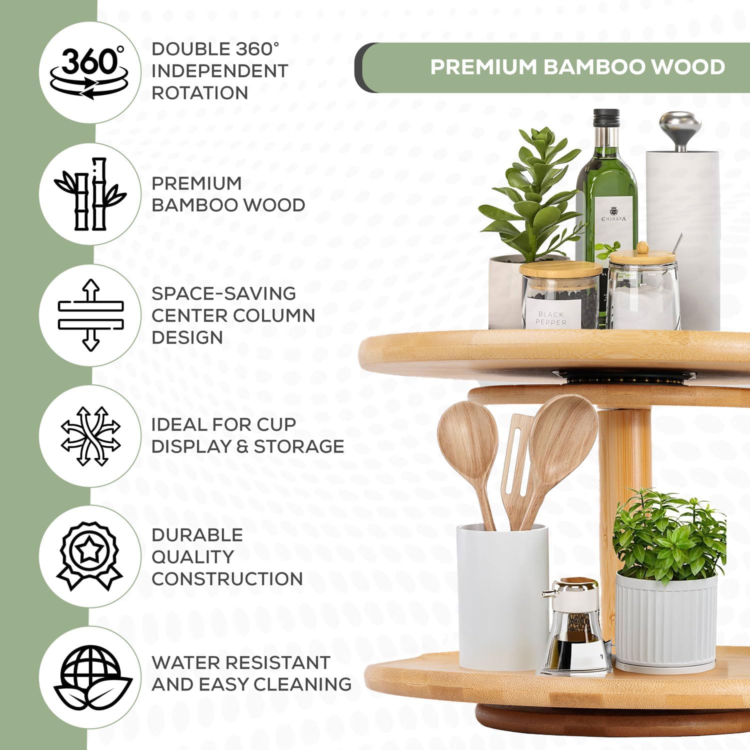2-Tier Lazy Susan Organizer - Bamboo Wooden Lazy Susan - 360 Double Rotating Turntable for Cabinet & Dining Table