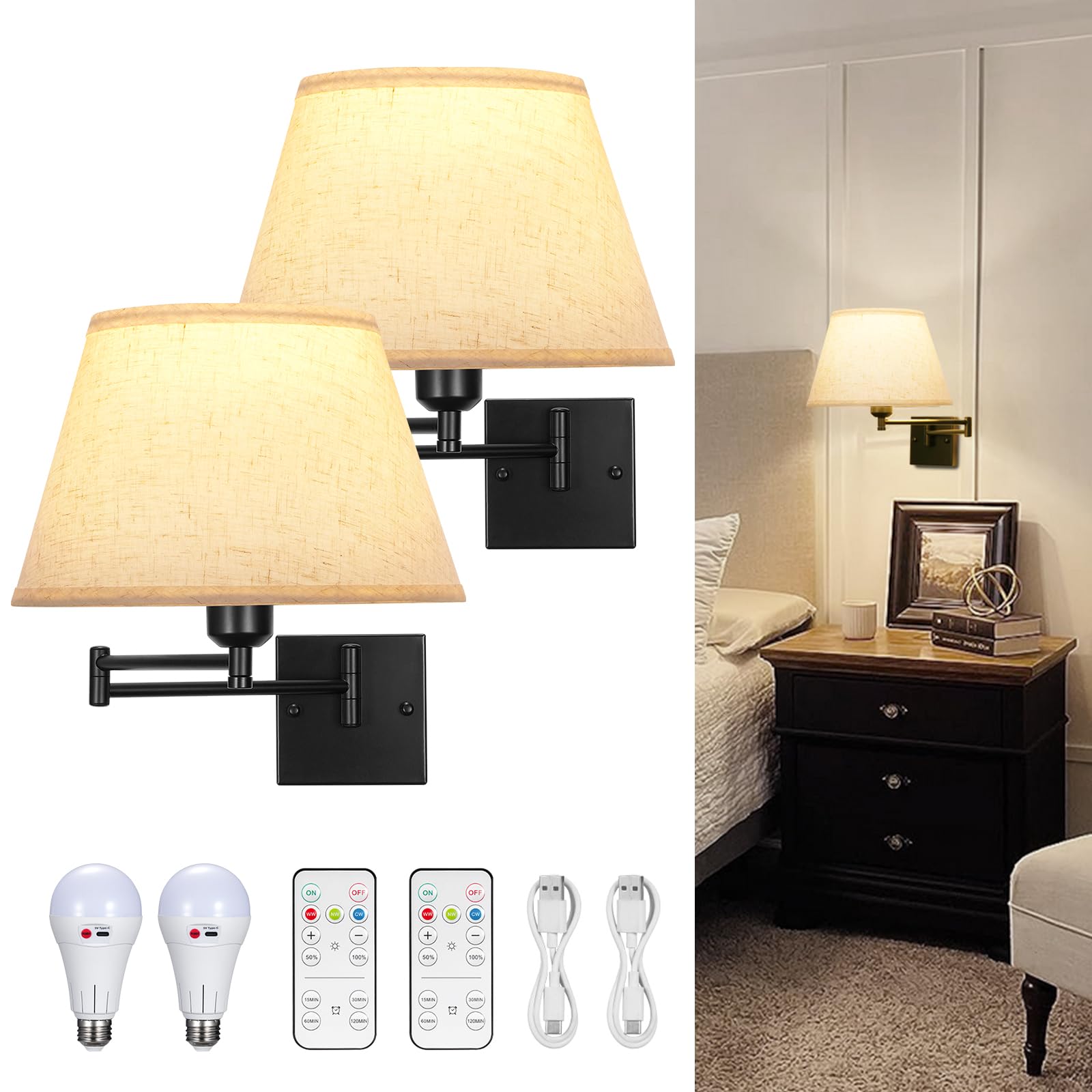 Glitnous Battery Operated Wall Sconce, Swing Arm Wall Sconce, Wall Sconces Battery Operated, Set of 2 Rechargeable Wall Sconce, No Wiring Dimmable Wireless Wall Sconce/Lamp for Bedroom (Large)