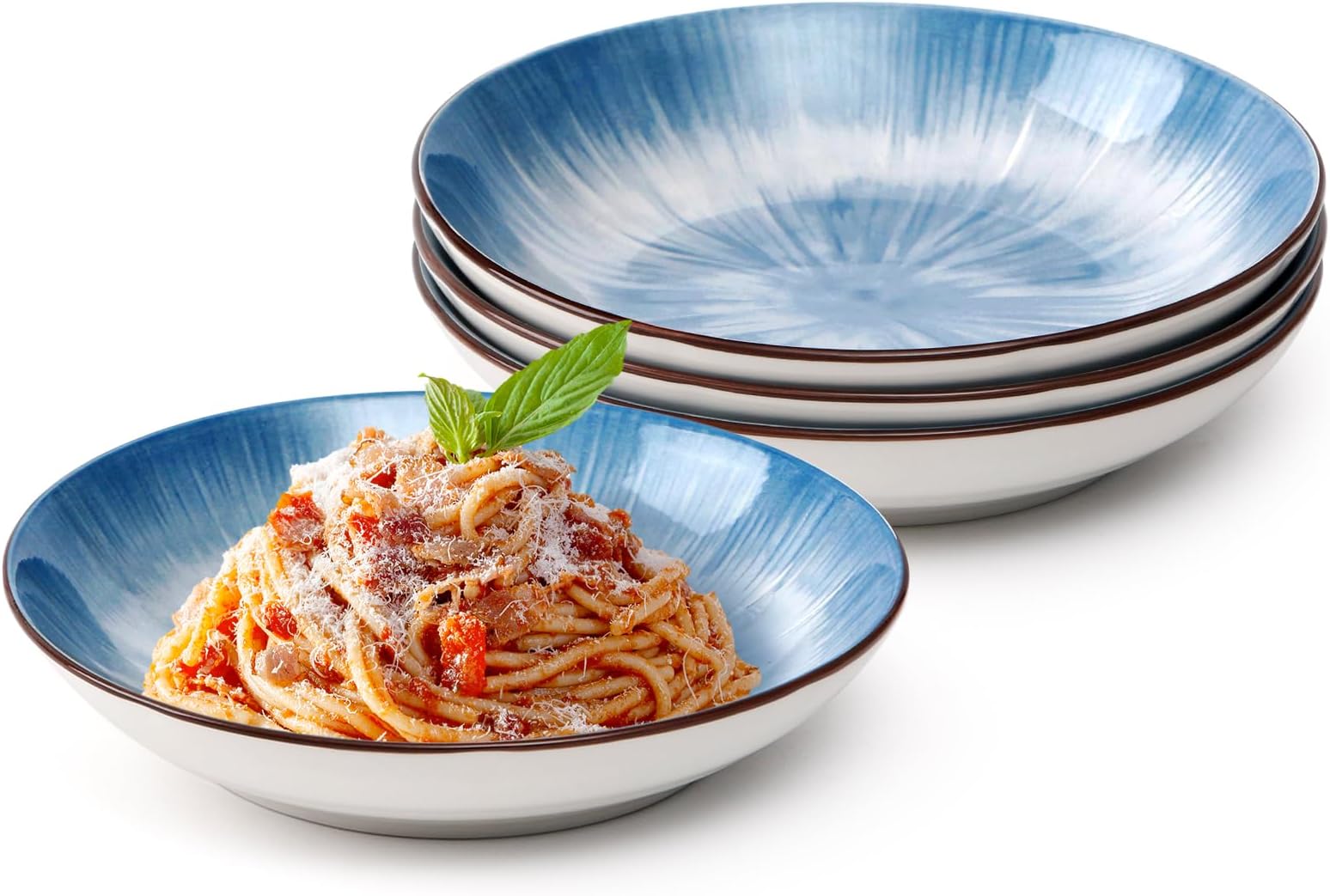 NUTRIUPS 8'' Pasta Bowls Set of 4, 16 Oz Small Pasta Bowls, Ceramic Pasta Plates, Serving Bowls for Kitchen Microwave & Dishwasher Safe(Blue)