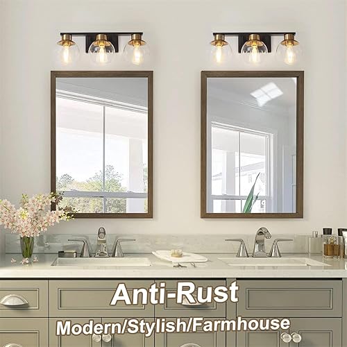 Miniatura 2 de PAZALA Luces de tocador de baño de 3 luces, lámparas de baño negras y doradas sobre espejo con pantalla de vidrio de globo, aplique de pared moderno