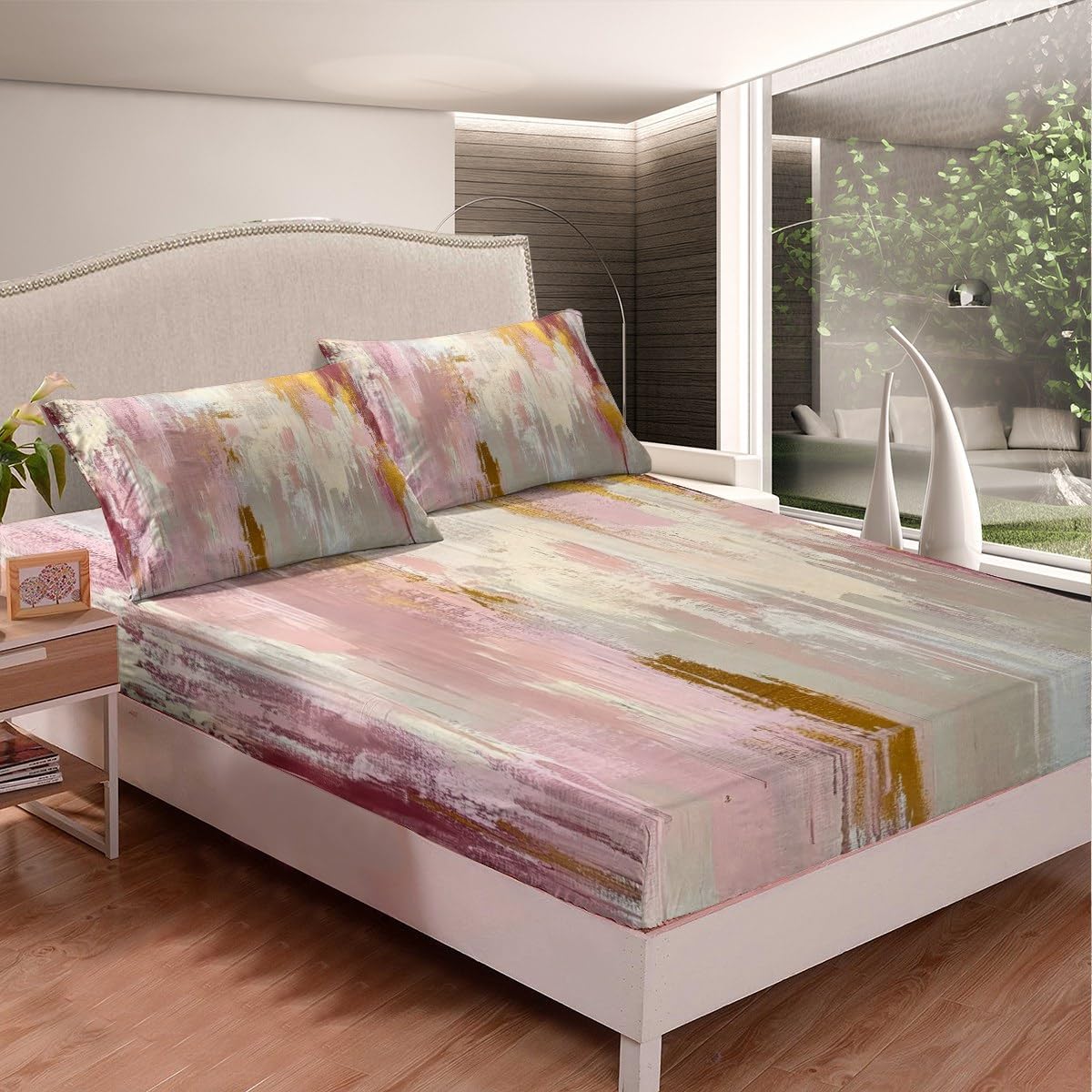 jejeloiu Abstract Art Bed Sheets Set for Kids Boys Girls Twin Size Pink Gold Gradient Fitted Sheet Lightweight Retro Art Bedding Collection Modern Bedding Set