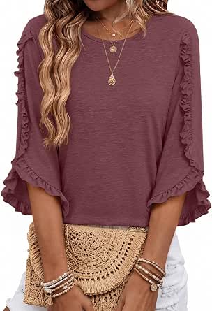3/4 Length Sleeve Women's Crewneck Ruffle Blouse